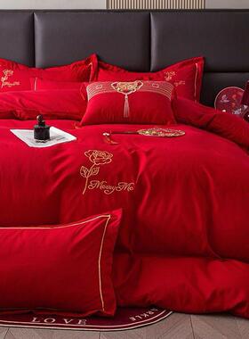 婚庆四套件大红色喜被式刺绣上新婚婚TPR房陪嫁礼床笠单床中用品