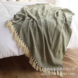 PIT经典美式复古绿人字纹发织毯酒店民宿床巾床编尾毯沙尾毯床盖