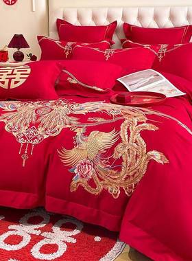 式龙凤刺绣婚庆结婚中四件套大棉红色上床单PEL纯喜被陪嫁床用品