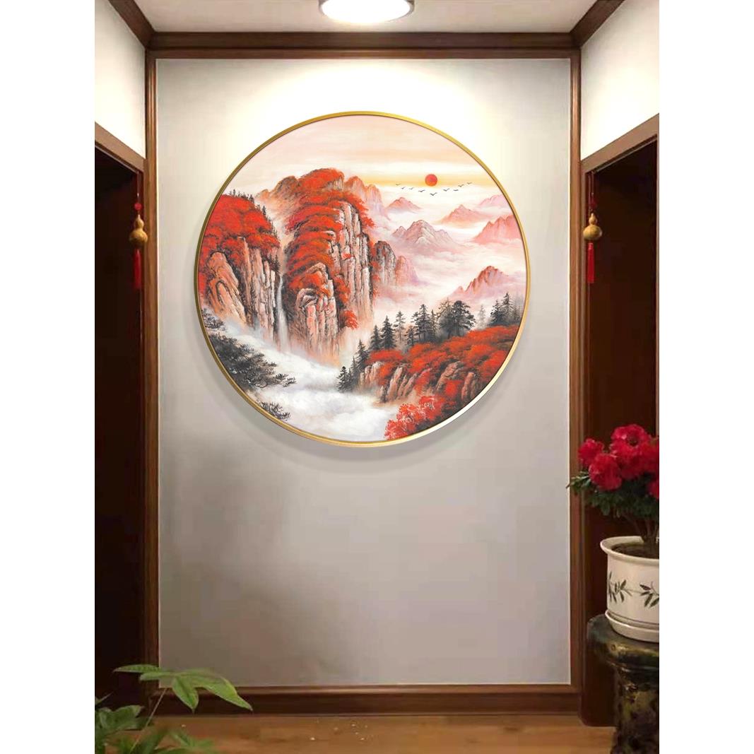 灯道光挂画中式纯手绘山水玄装饰油关画圆0888形现新代简约客厅过