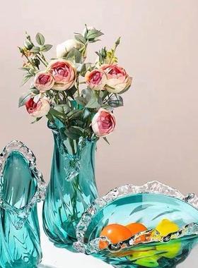 轻蓝色琉璃玻璃花瓶波浪边水果盘居家客54040ZH1厅桌餐桌面花轻奢