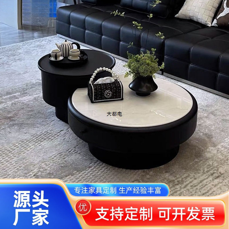 大理石茶几升降收纳茶几组合圆形茶桌家用意式简约设计师风格桌子