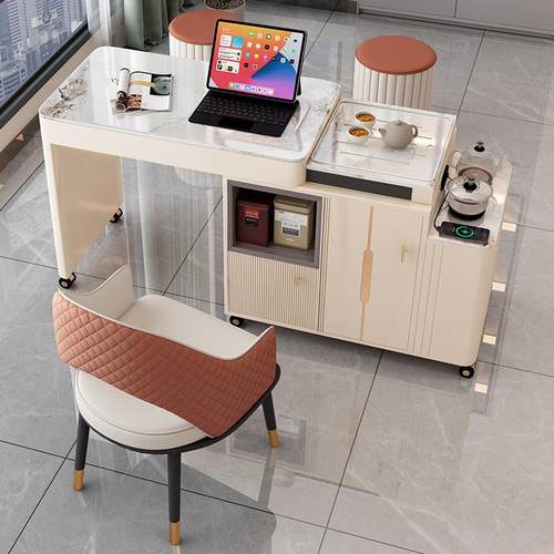 5V简约现代小户伸型动茶车岩板阳移台茶桌书桌BXS一体式小办公桌