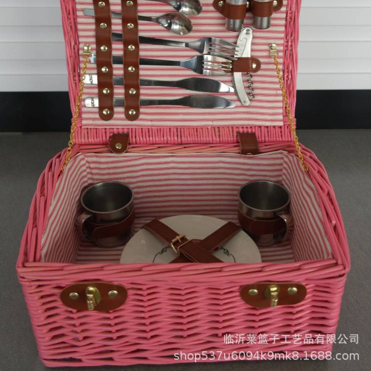 新款可爱粉色野餐篮子 含双套餐具 女士手提篮柳条藤条编织收纳篮