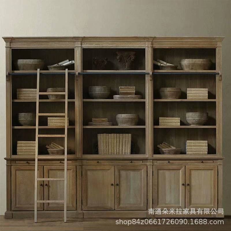 美式乡村实木书柜组合客厅展示柜复古做旧书橱书房家具