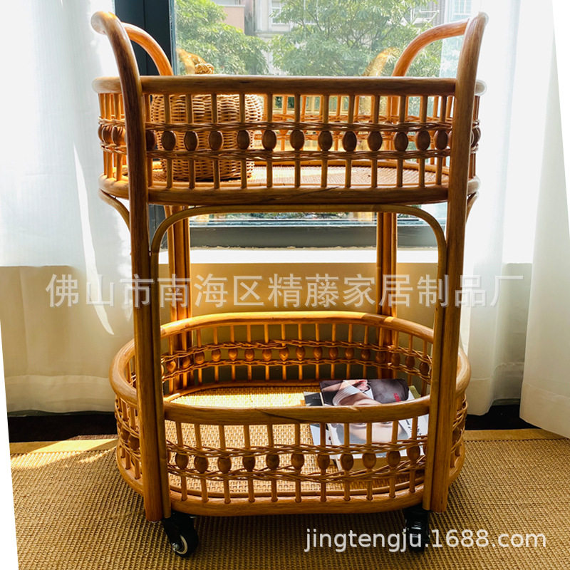 手工藤编推车餐车客厅藤编置物架落地家用网红双层收纳架卧室推车