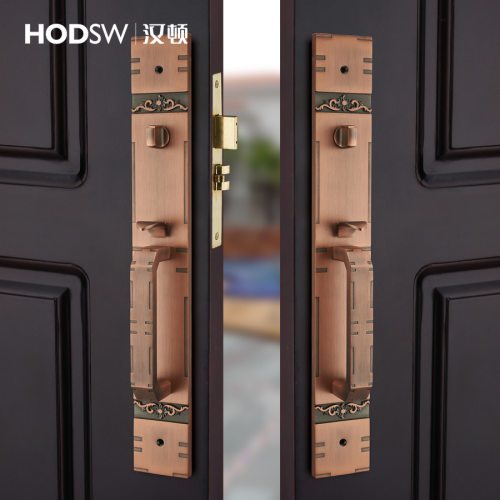 汉顿新中式实木别墅门锁真假对开双开门大门锁锌合金双拉大门锁