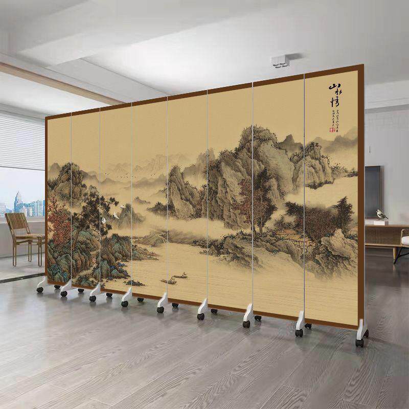 中式风隔断客厅屏遮挡卧玄关室可动移折叠墙办公室山水画POI仿古