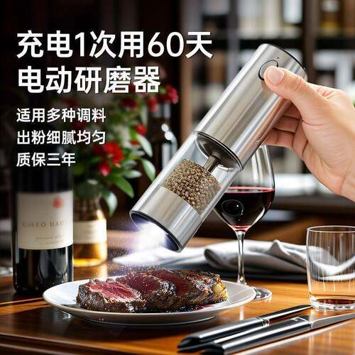 电动黑调胡动粉海盐研磨器亚麻籽厨644房不锈钢研磨套椒装自料
