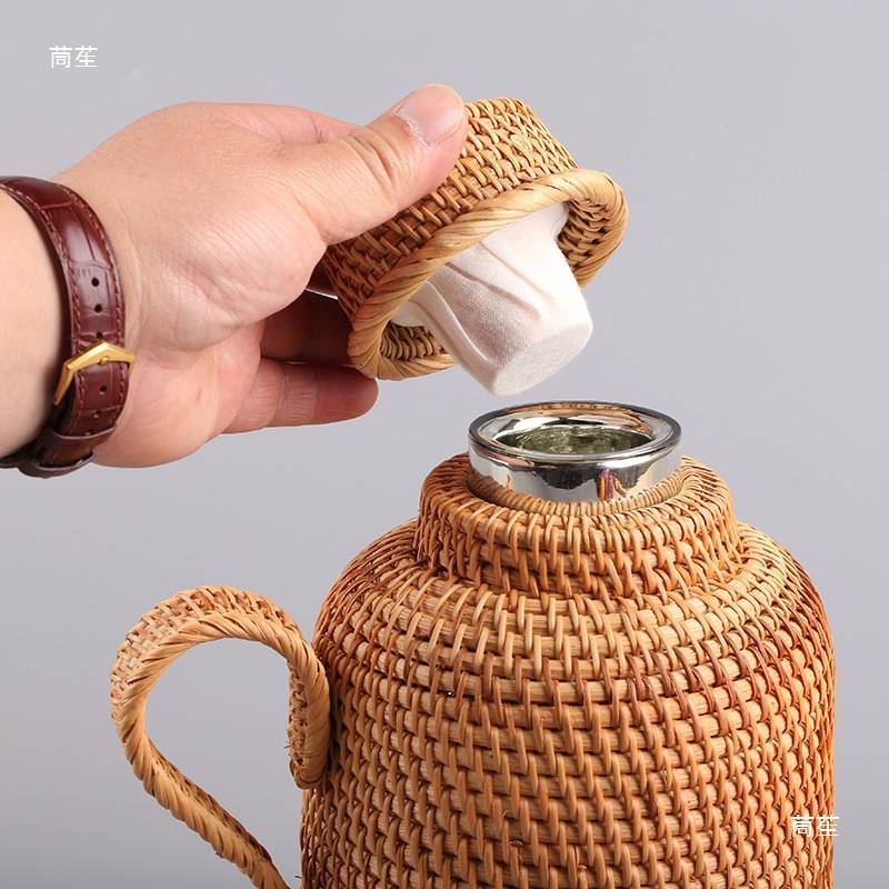 越南藤编热水瓶家用玻璃内胆保温壶办公茶室开水壶竹编创意水瓶壳