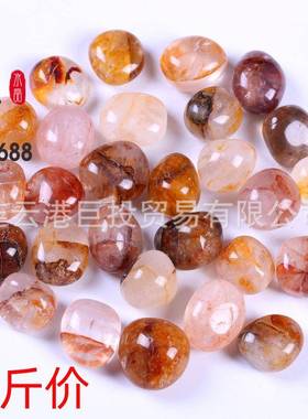 天然黄胶花水晶滚石摆件红焦花大颗粒随形Golen Healer儿童淘矿石