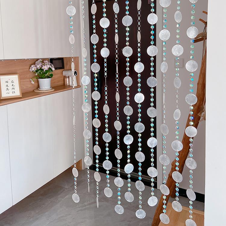 #新款人鱼姬水晶珠帘玄关客厅隔断帘过道免打孔短门帘吊饰贝壳屏