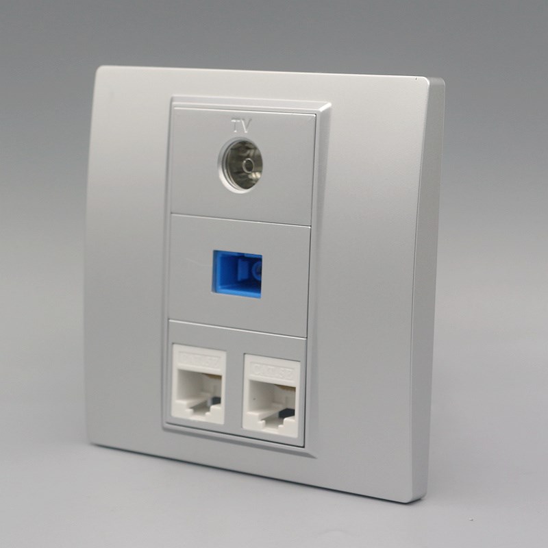 银色电视光纤网络面板8型有线闭路SC光钎口两位电脑网线口插座