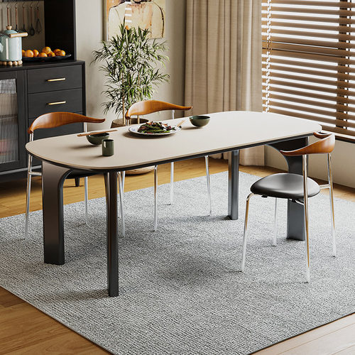 实木法式复古风岩板餐桌家用小户型饭桌白色餐椅餐椅组合现代桌子