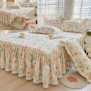 防滑床罩式床笠单件加厚夹棉床裙三件套韩式花边床垫套床垫防尘罩