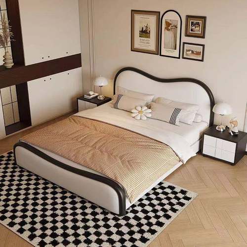 极简奶油风卧实木皮艺简PCS储物床床现代约复古波浪主室双人软体