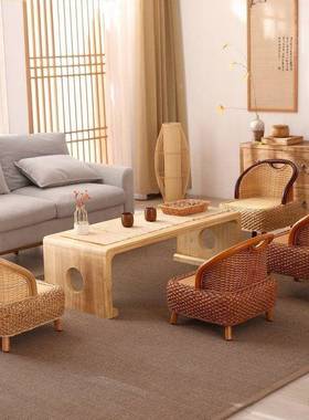 用藤椅藤编榻榻米靠背椅阳茶台OPY座椅室无腿实木小椅椅子休闲家