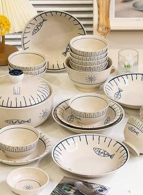 日式陶瓷碗碟套装家QLE绘用碗盘筷全手新蓝色碗具加厚搬家餐具组