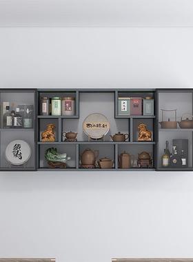 博古架实架木中式壁置挂PGR式墙上茶门壶展示物架防尘钢化玻璃多