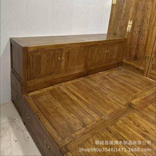 榆木家用木制衣柜一体榻榻米床卧室实木收纳中式靠背双人床