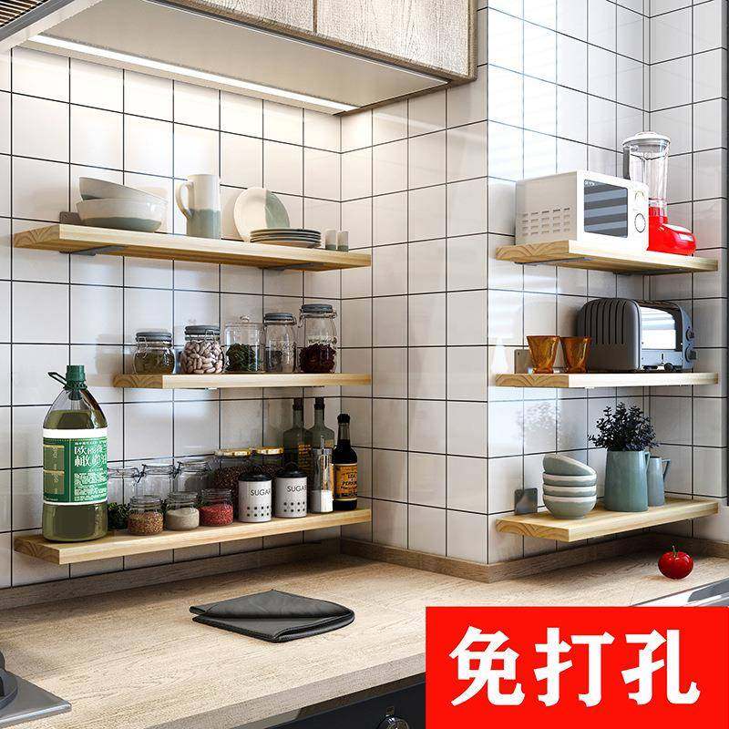 免打孔墙上物纳架厨EZZ房隔板实木置一字搁板墙壁书架挂墙面收壁