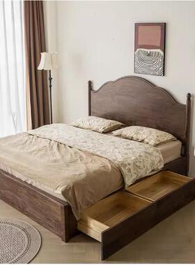 实木床北美胡桃木法式复SVD床樱古桃黑抽屉储物床落地榻榻米双木