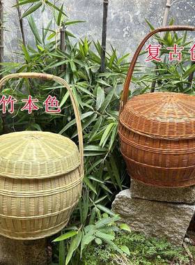 竹制品竹编大提子篮双YEX提篮层拜神篮子大容量竹篮收纳饭箩竹筐