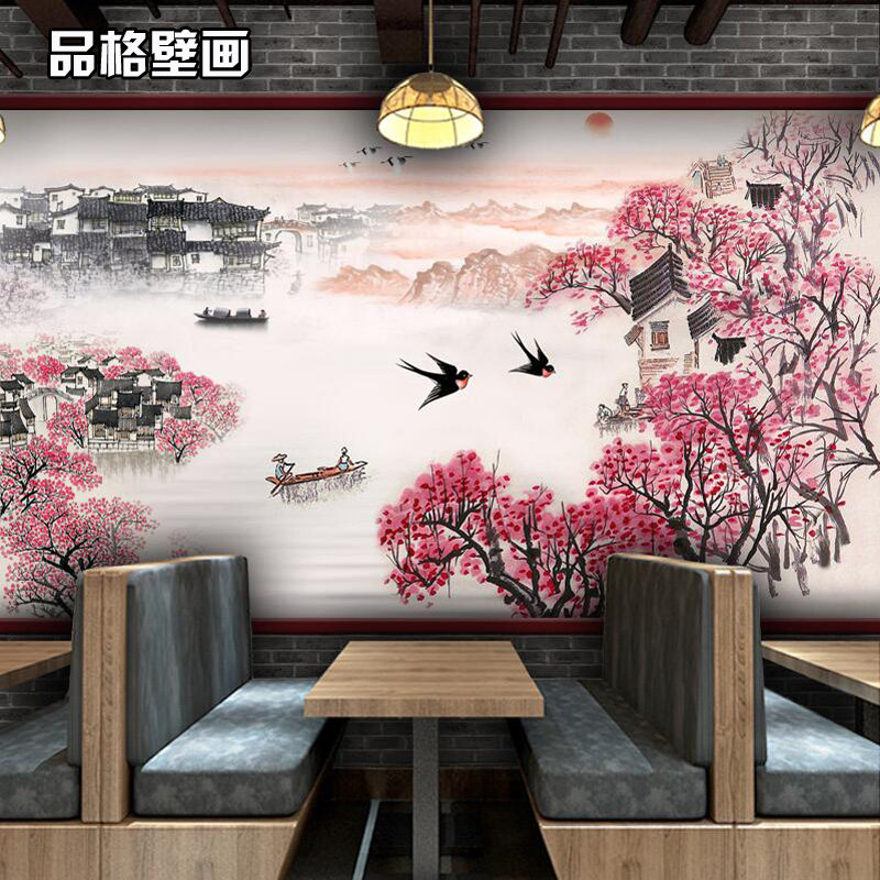中式水墨山水画江南水乡背景墙纸火锅店餐厅饭店包间装饰壁纸壁画