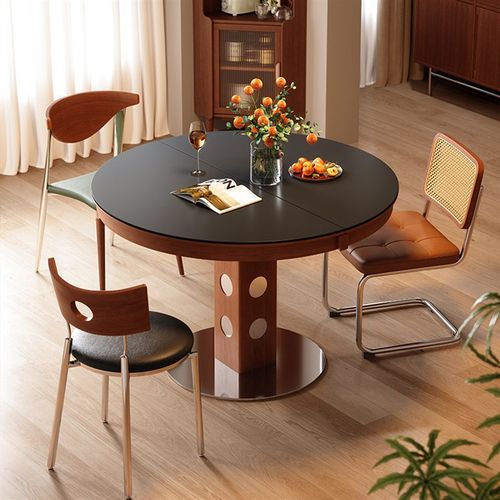 梵创 实木岩板餐桌客厅家用高级感多功能椭圆餐桌可折叠吃饭桌子