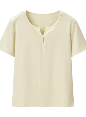 【小田专享】 韩版设计感V领纽扣遮肚短袖T 707