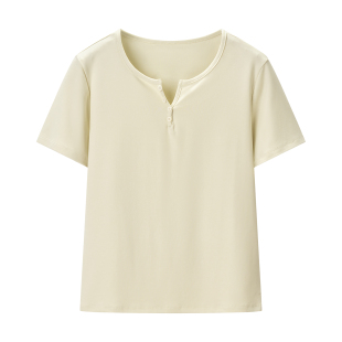 设计感V领纽扣遮肚短袖 韩版 707 小田专享