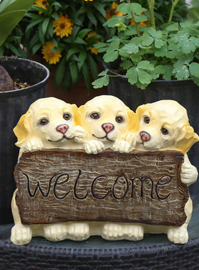 花园装饰 庭院布置 树脂小狗摆件仿真金毛创意欢迎牌小动物装饰品