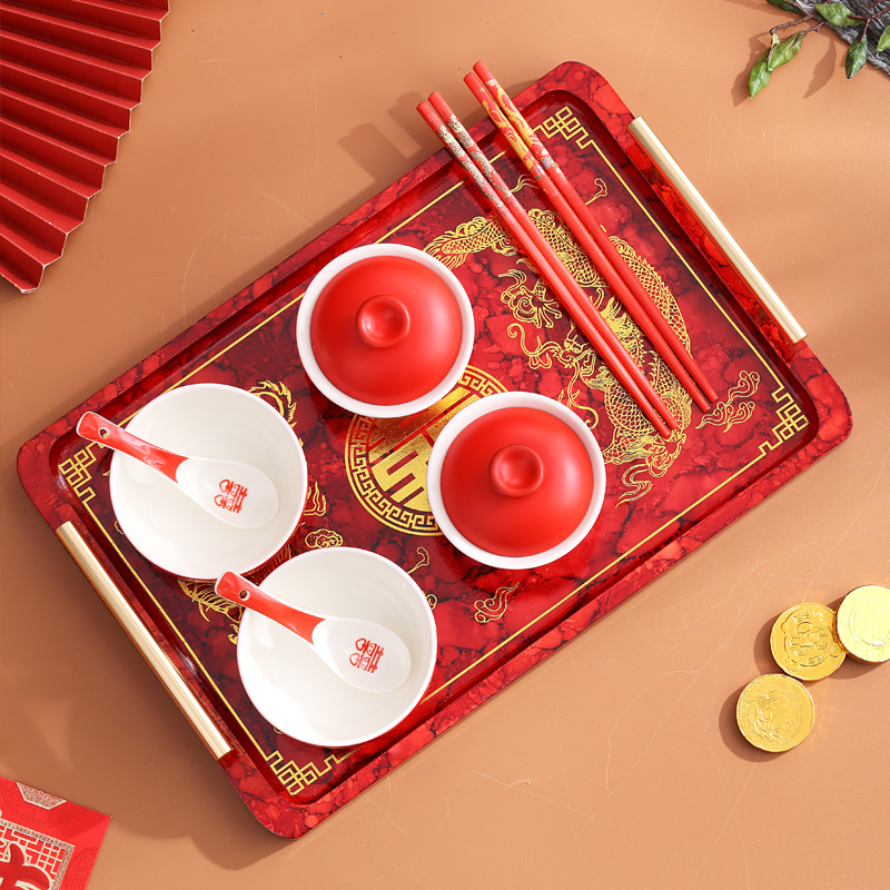 龙凤结婚茶盘长方形木质盘子圆形果盘客厅家用敬茶杯红色托盘喜庆