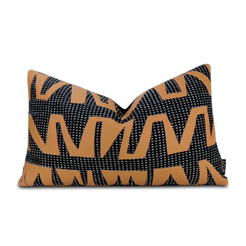 布在布艺现代腰枕化纤棕色皮革抱枕黑色几何靠垫粗棉麻靠包卧室