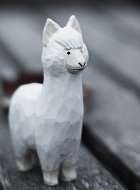 鹿妖商店 可爱羊驼 纯手工天然木雕摆件 实木动物雕塑 艺术家居