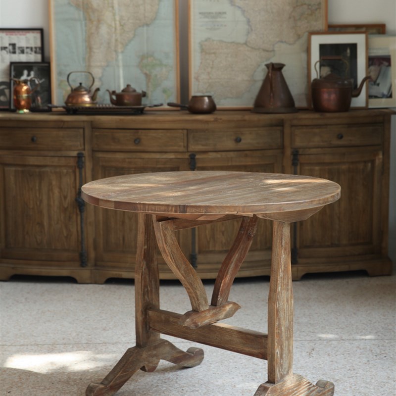 法式乡村侘寂风实木老木头折叠圆桌休闲茶咖啡餐桌子梅拉德色