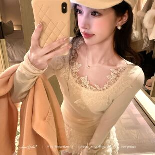 秋冬法式纯欲甜辣妹修身立体花朵u领绝美打底衫女内搭上衣感