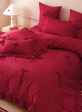 送礼四新婚喜ATR庆高贡缎纯棉支件套轻奢红色婚嫁被结婚床上用品