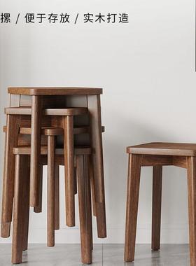 实矮木椅凳子家RLV用小板凳现代简约餐桌子放网红圆凳可叠餐椅方