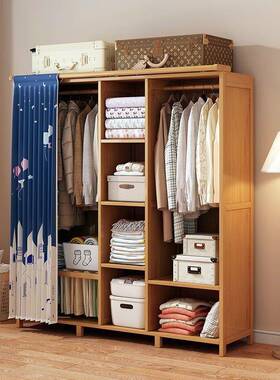 简易实木衣XUK柜家用卧室租橱房装组加粗衣帽架衣全出封闭拉帘布