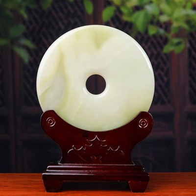 天然阿富汗玉石平安扣摆件玉扣玉璧青玉中式家居玄关装饰摆件礼品