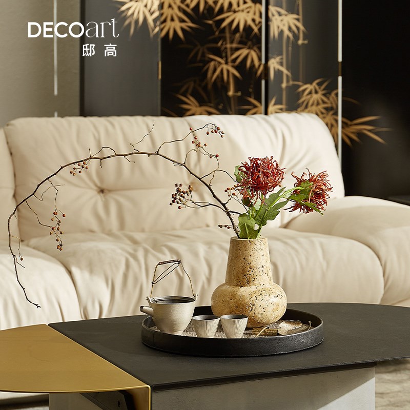 邸高茶几家具展厅搭配 灰洞石提梁分茶器圆托盘手工茶具客厅室内