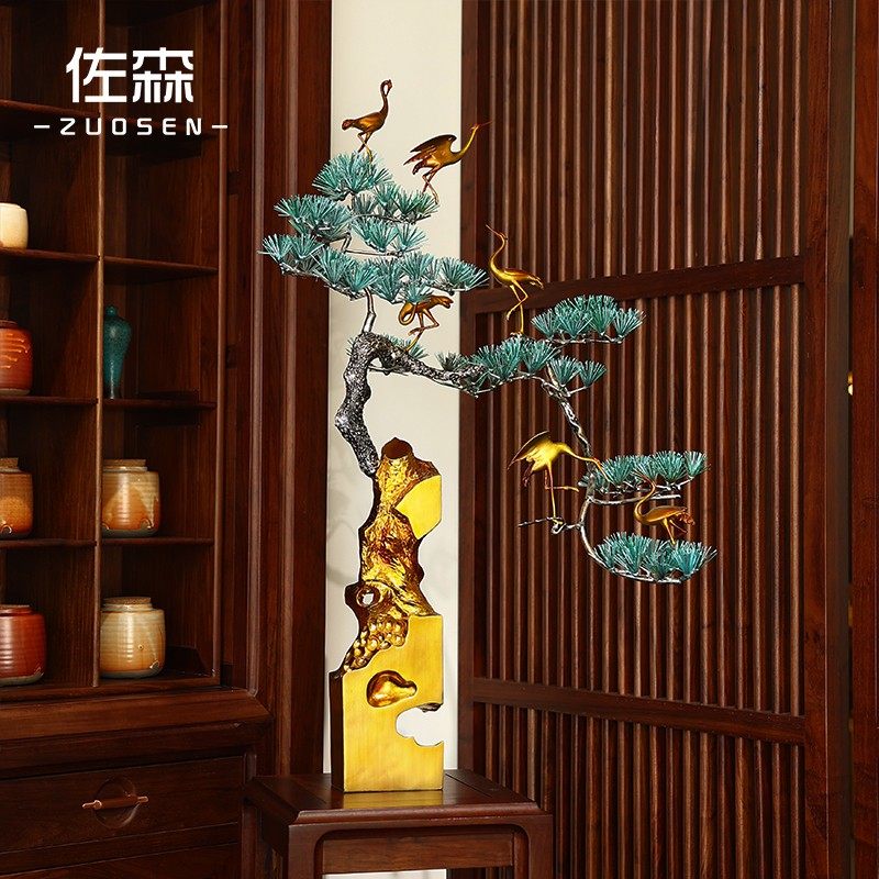 佐森 松鹤延年 迎客松树创意家居装饰铜落地大摆件招财办公室摆设