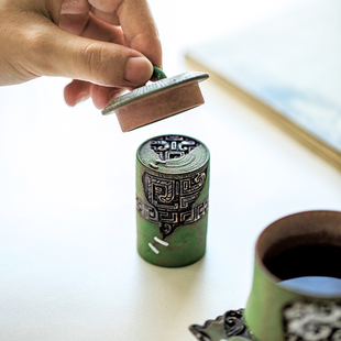 拓土创意复古粗陶茶壶盖托零配件纯手工老岩泥浅绿饕餮纹锔钉盖置
