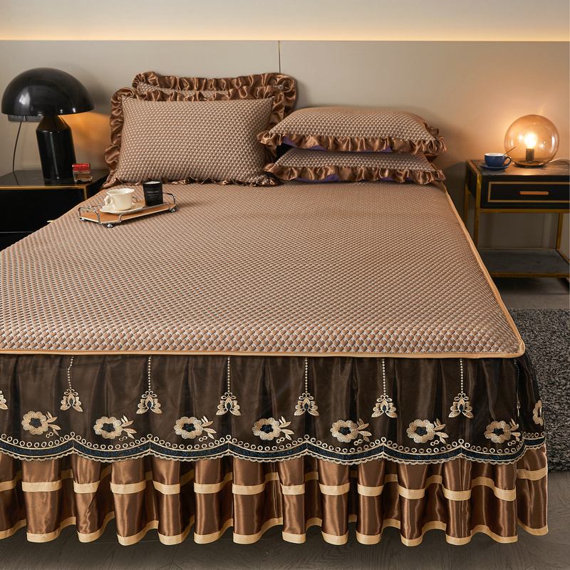 2023新款冰丝凉席三件套夏天软席子床单可水洗床裙款冰豆豆空调席