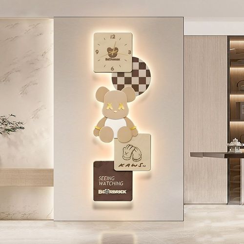 kaws玄关装饰画现代简约led灯画暴力熊走廊过道挂画奶油风钟表画