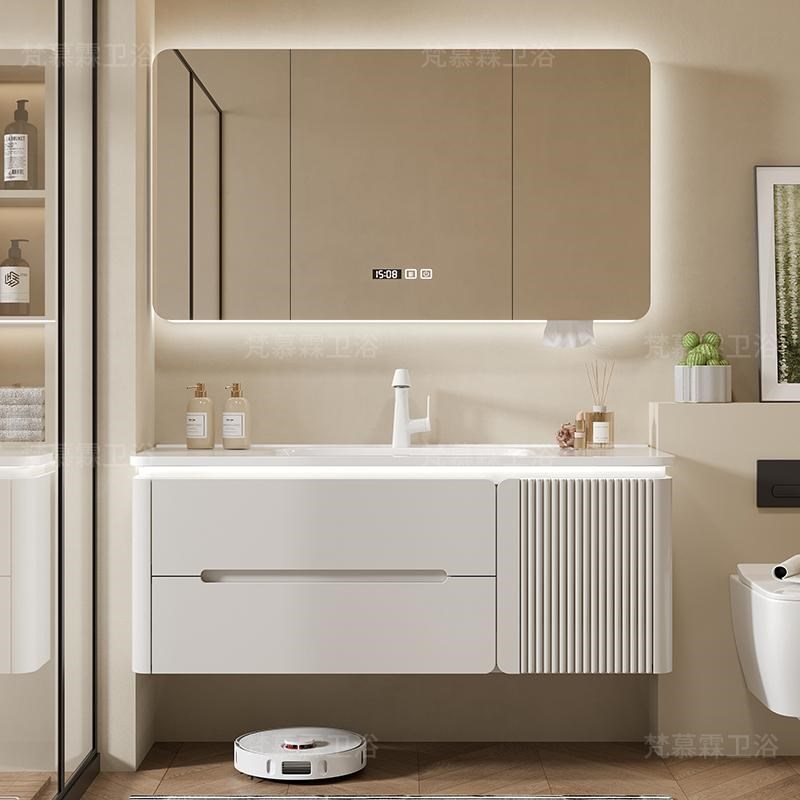 烤漆奶油风实木智能组合现代浴室柜卫生间陶瓷一体盆柜洗手洗脸台