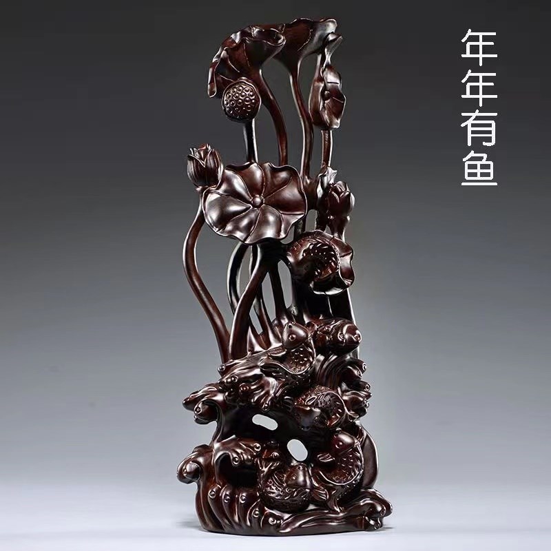 黑檀木年年有鱼根雕荷花雕刻摆件红木家居装饰工艺品开业乔迁送礼