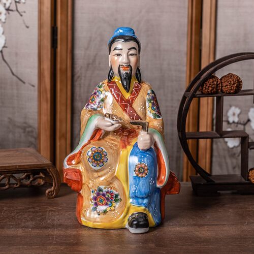 手工彩绘鲁班祖师爷像陶瓷摆件 木锯工神匠工匠班门弄斧神像供奉