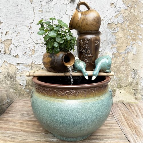 手工陶艺流水景观陶罐组合古法养鱼缸古典陶瓷无孔水培铜钱草花盆
